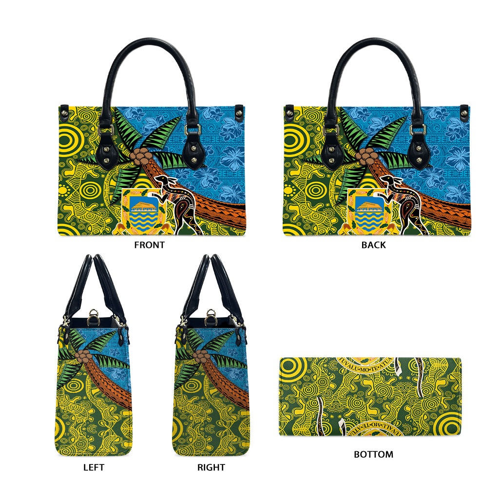 Tuvalu and Australia Together Leather Bag Tapa Pattern and Aboriginal mix Culture