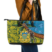 Tuvalu and Australia Together Leather Tote Bag Tapa Pattern and Aboriginal mix Culture