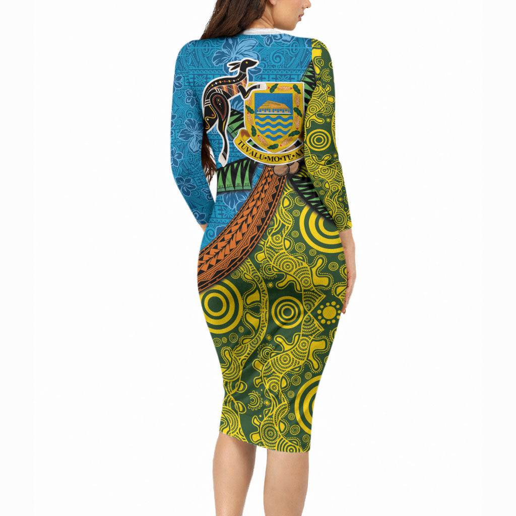 Tuvalu and Australia Together Long Sleeve Bodycon Dress Tapa Pattern and Aboriginal mix Culture