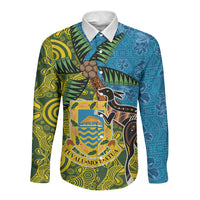 Tuvalu and Australia Together Long Sleeve Button Shirt Tapa Pattern and Aboriginal mix Culture