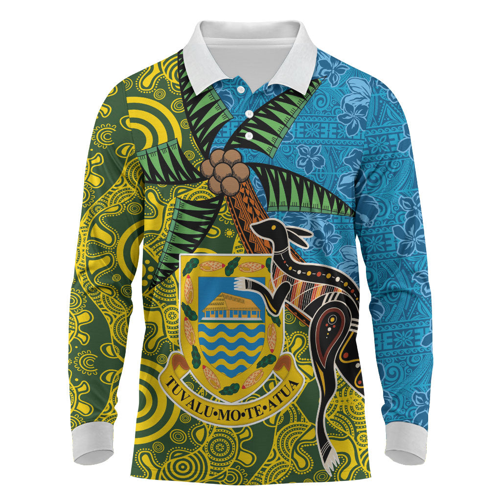 Tuvalu and Australia Together Long Sleeve Polo Shirt Tapa Pattern and Aboriginal mix Culture