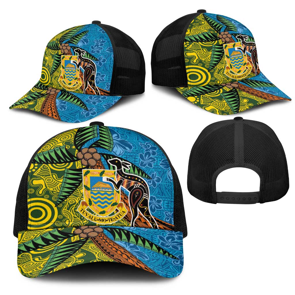 Tuvalu and Australia Together Mesh Trucker Cap Tapa Pattern and Aboriginal mix Culture