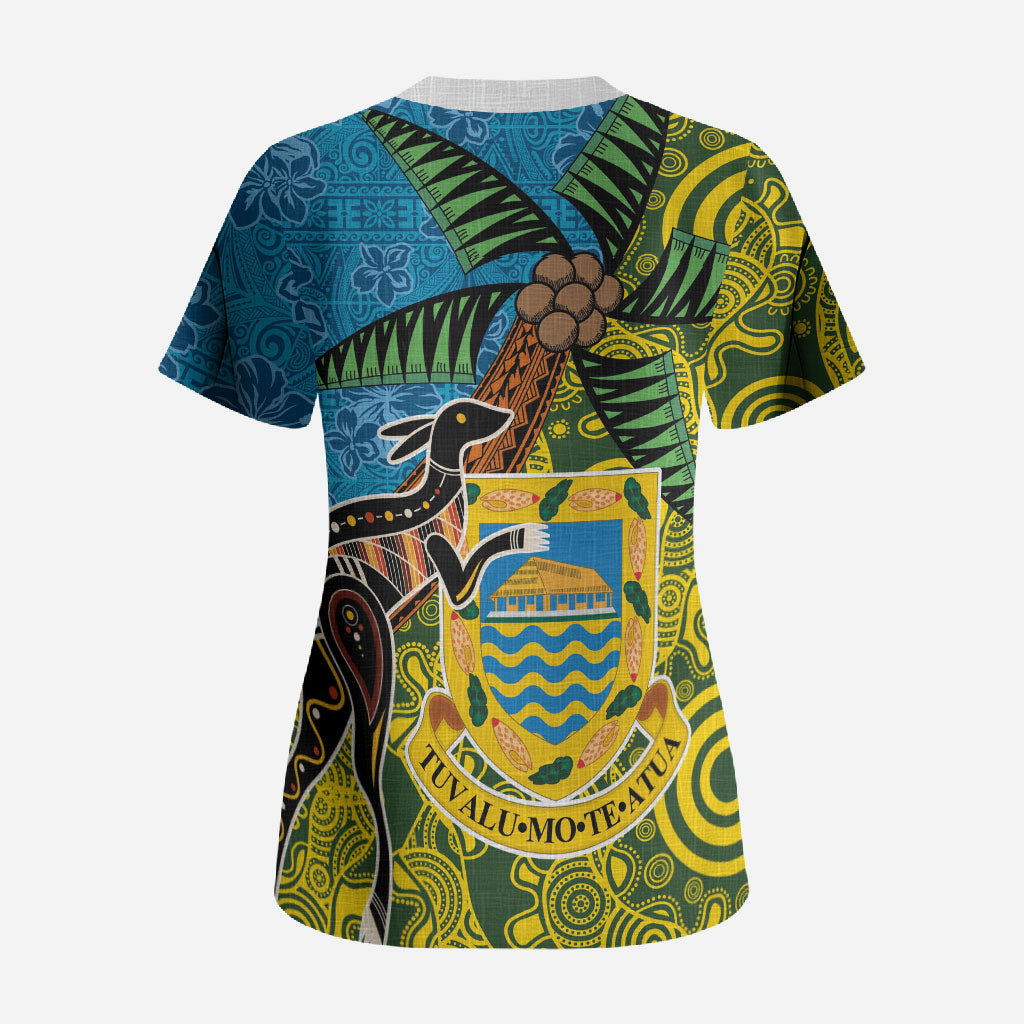 Tuvalu and Australia Together Scrub Top Tapa Pattern and Aboriginal mix Culture