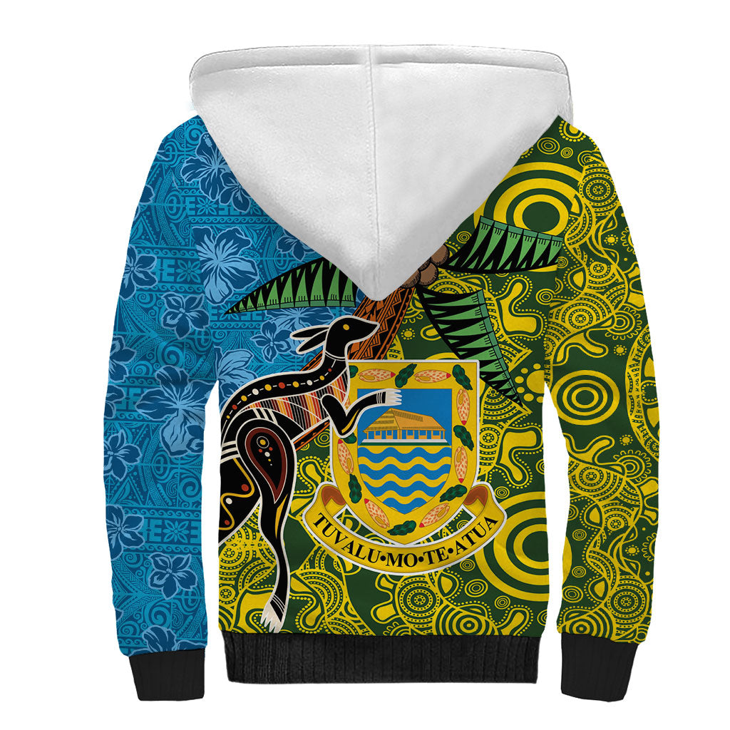 Tuvalu and Australia Together Sherpa Hoodie Tapa Pattern and Aboriginal mix Culture