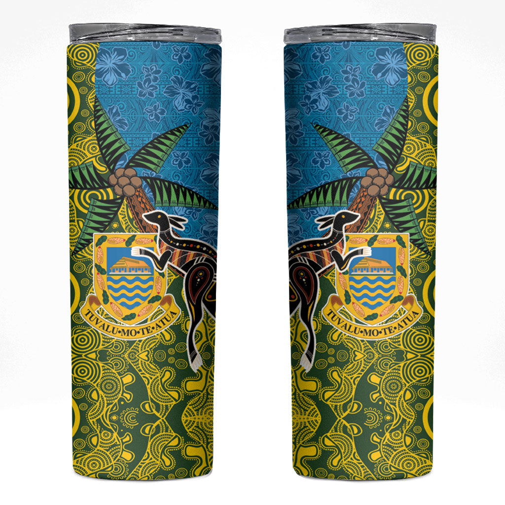 Tuvalu and Australia Together Skinny Tumbler Tapa Pattern and Aboriginal mix Culture