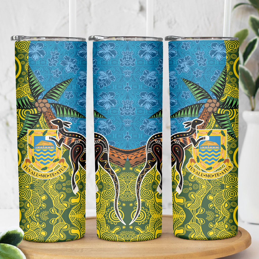 Tuvalu and Australia Together Skinny Tumbler Tapa Pattern and Aboriginal mix Culture