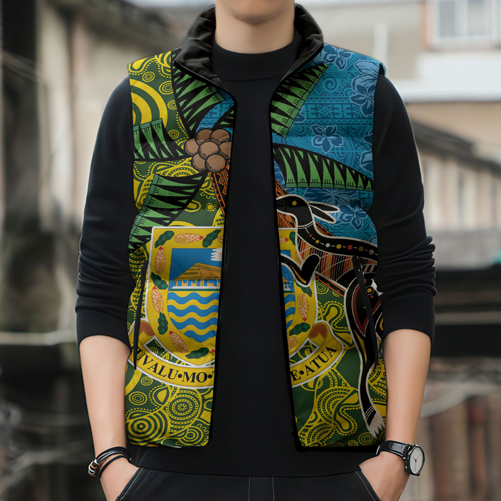 Tuvalu and Australia Together Sleeveless Puffer Jacket Tapa Pattern and Aboriginal mix Culture