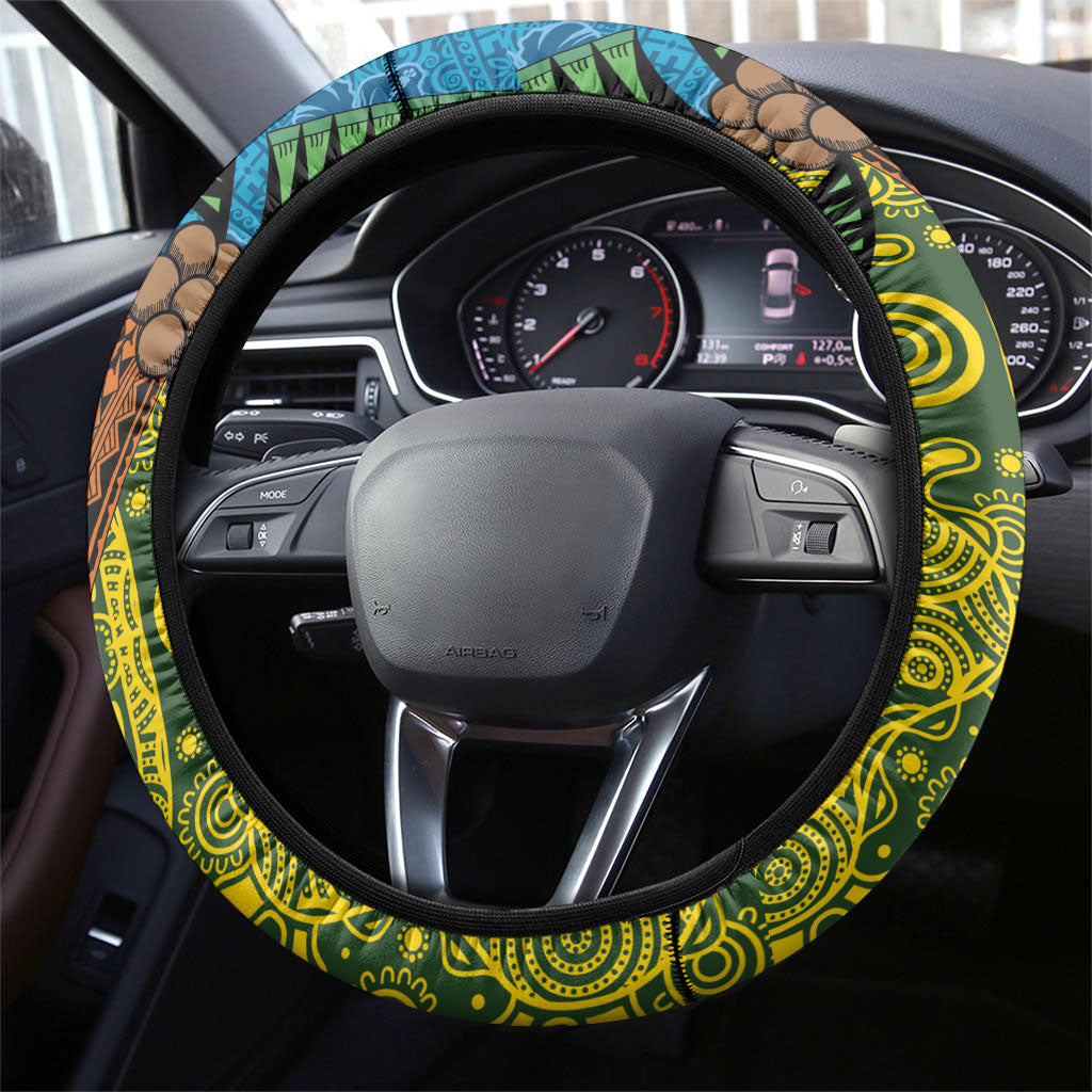 Tuvalu and Australia Together Steering Wheel Cover Tapa Pattern and Aboriginal mix Culture