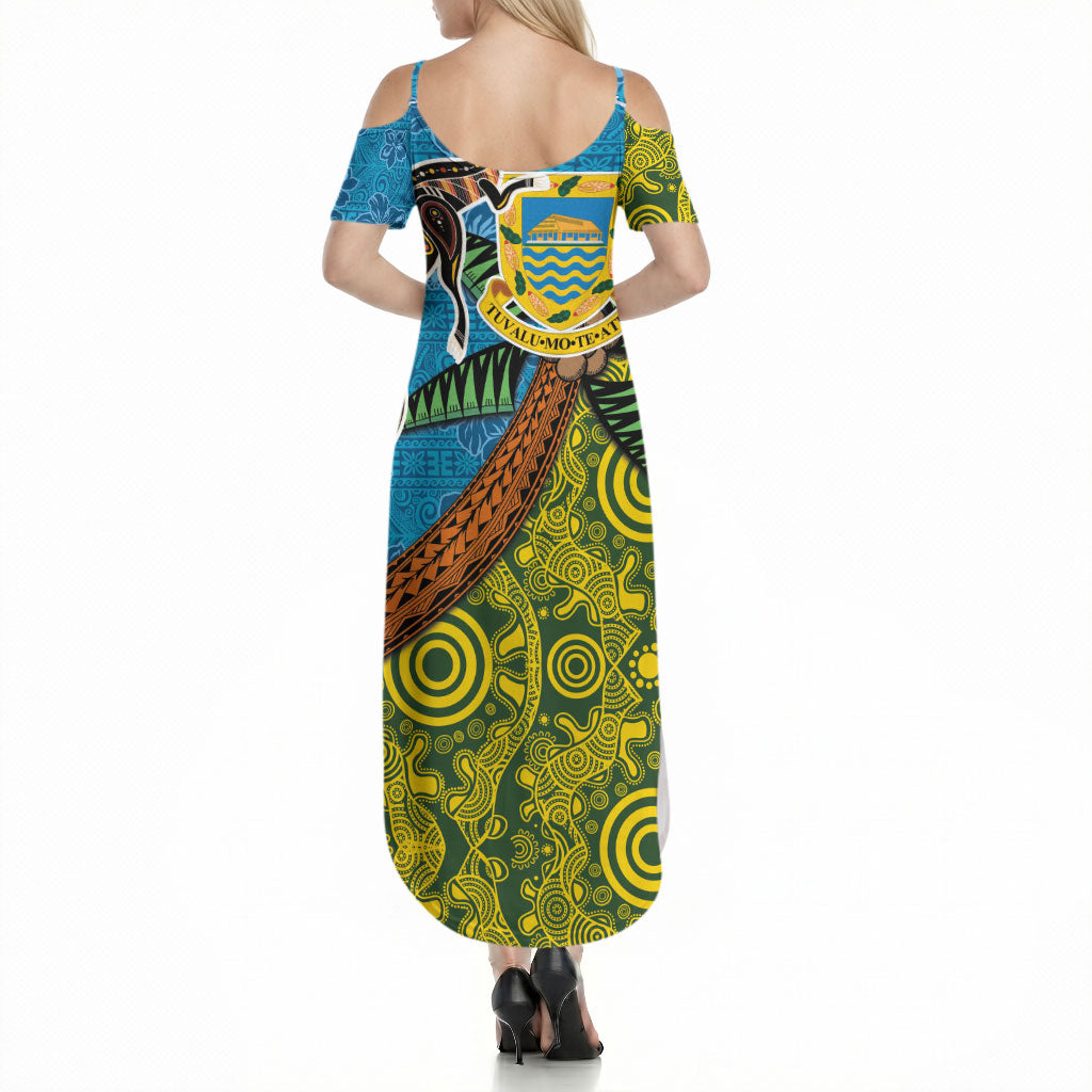 Tuvalu and Australia Together Summer Maxi Dress Tapa Pattern and Aboriginal mix Culture