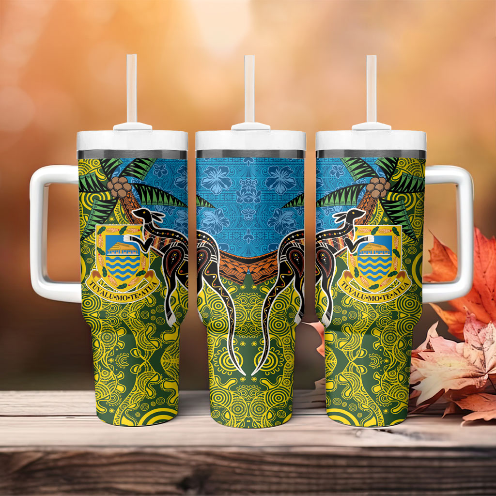 Tuvalu and Australia Together Tumbler With Handle Tapa Pattern and Aboriginal mix Culture