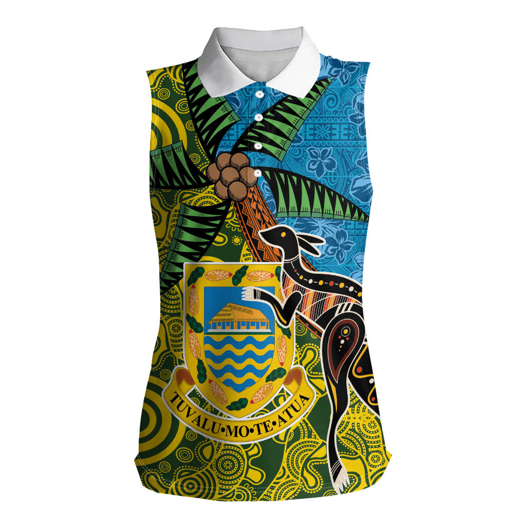 Tuvalu and Australia Together Women Sleeveless Polo Shirt Tapa Pattern and Aboriginal mix Culture