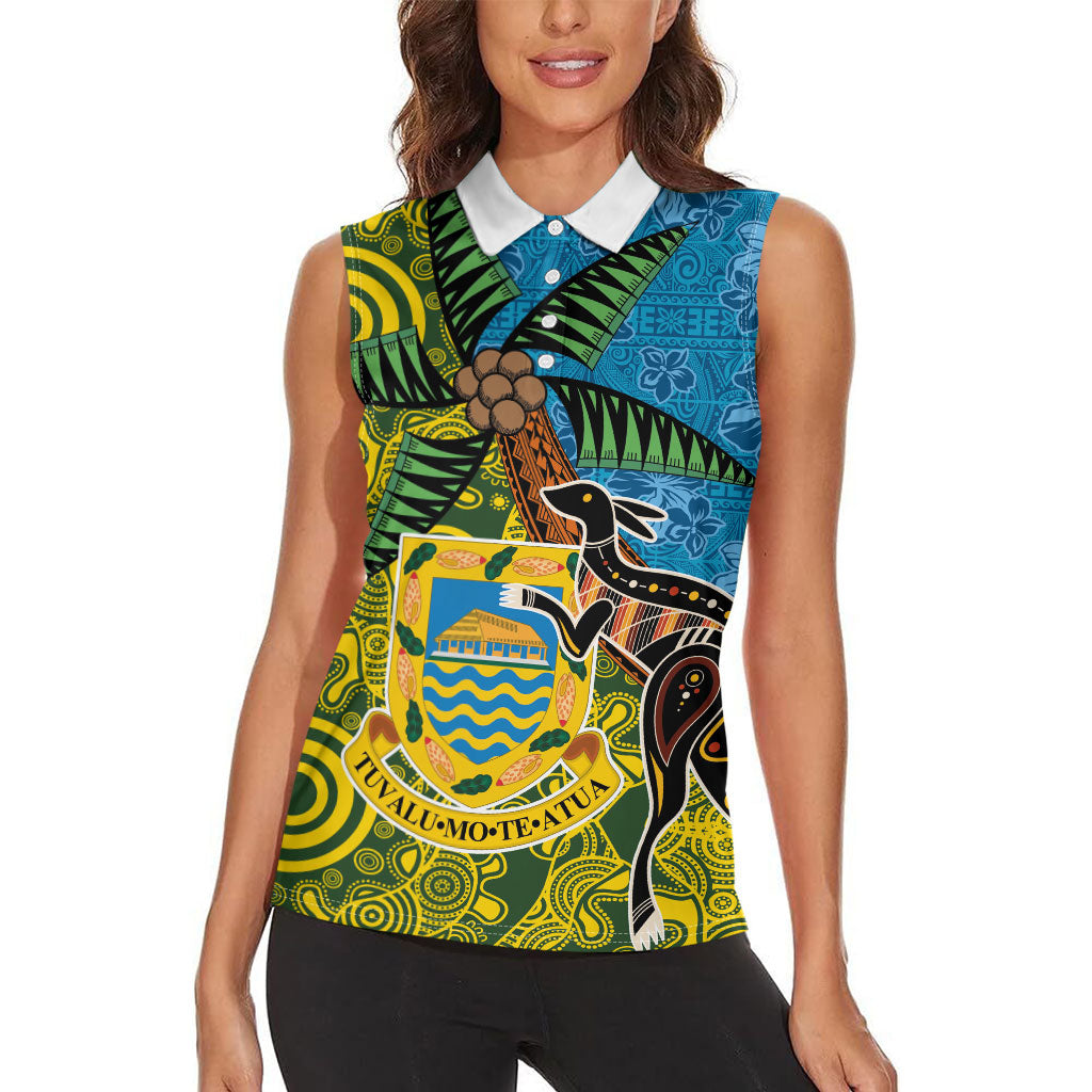 Tuvalu and Australia Together Women Sleeveless Polo Shirt Tapa Pattern and Aboriginal mix Culture