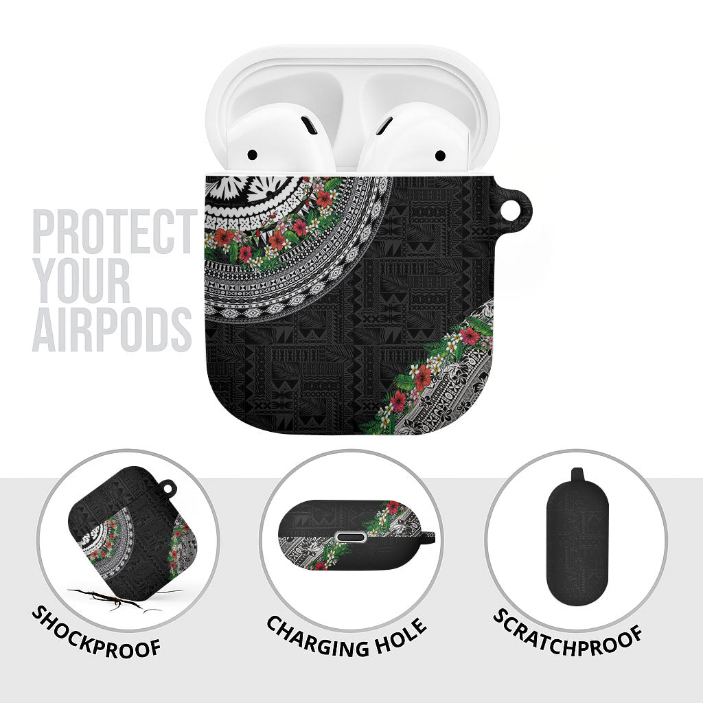 Fiji Hibiscus AirPods Case Tapa Masi Motifs with Tropical Plants