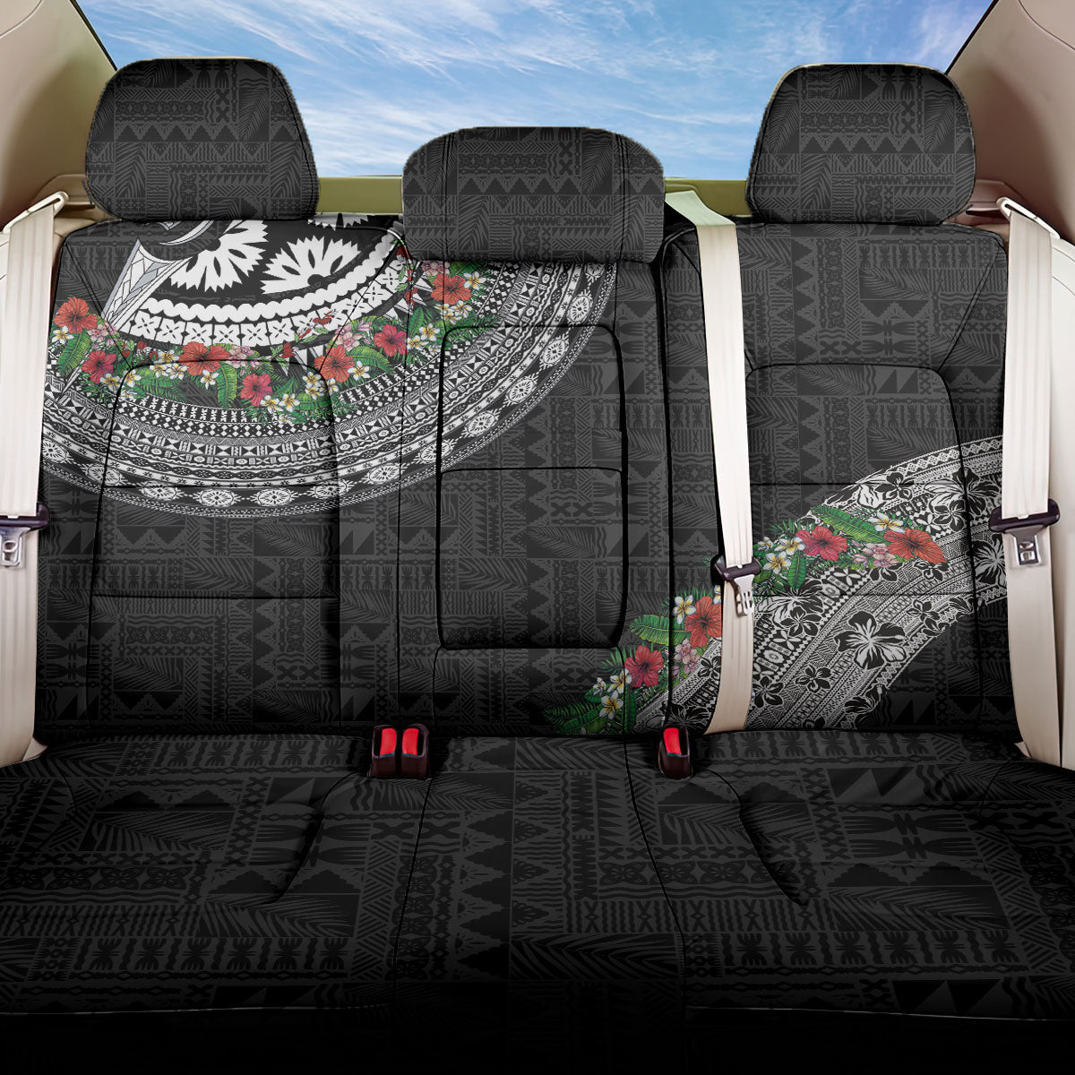 Fiji Hibiscus Back Car Seat Cover Tapa Masi Motifs with Tropical Plants