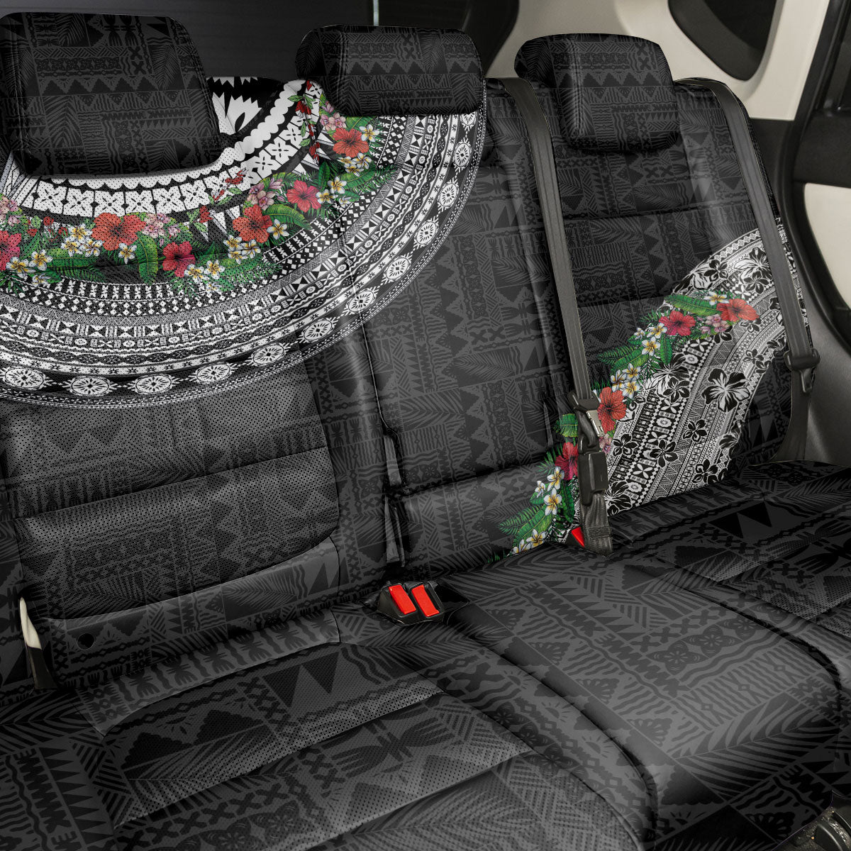 Fiji Hibiscus Back Car Seat Cover Tapa Masi Motifs with Tropical Plants