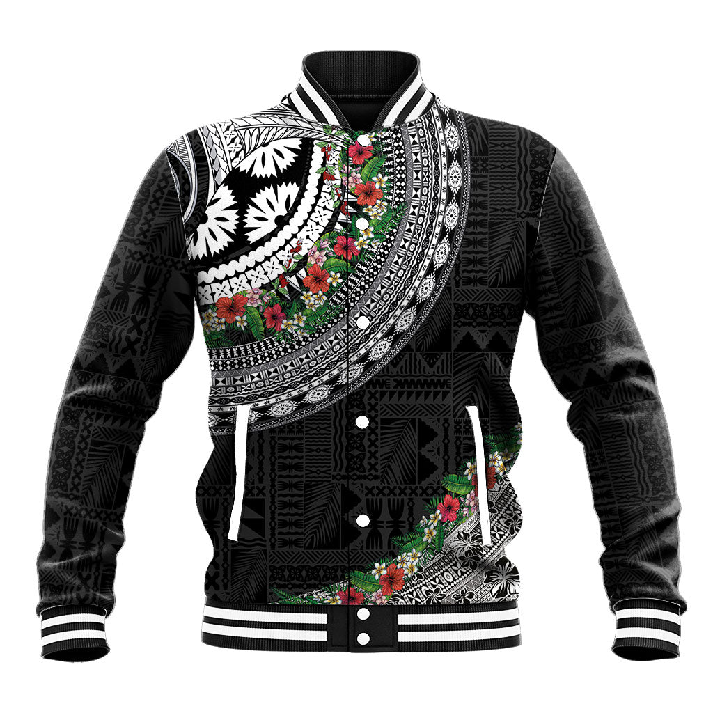 Fiji Hibiscus Baseball Jacket Tapa Masi Motifs with Tropical Plants