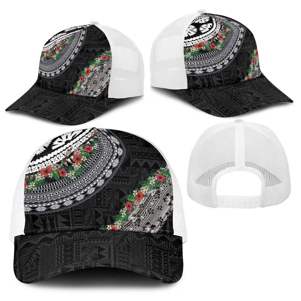 Fiji Hibiscus Baseball Net Cap Tapa Masi Motifs with Tropical Plants