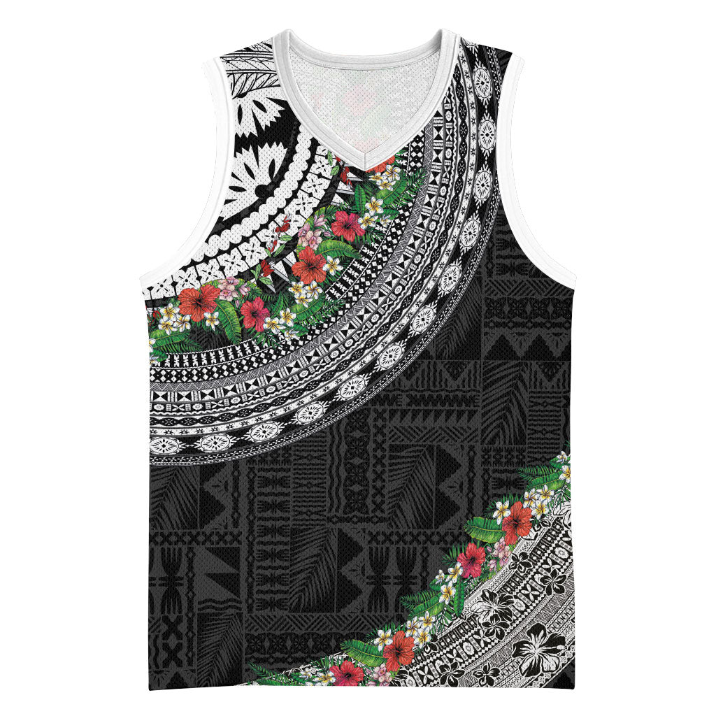 Fiji Hibiscus Basketball Jersey Tapa Masi Motifs with Tropical Plants