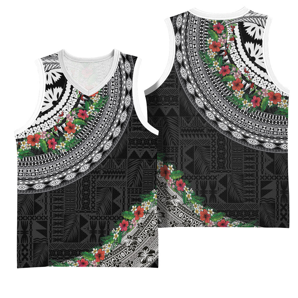 Fiji Hibiscus Basketball Jersey Tapa Masi Motifs with Tropical Plants