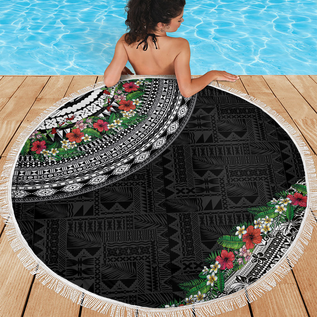 Fiji Hibiscus Beach Blanket Tapa Masi Motifs with Tropical Plants