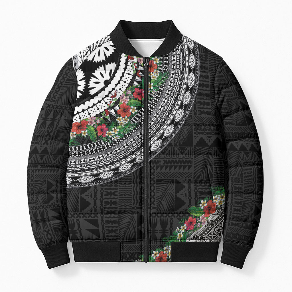 Fiji Hibiscus Bomber Puffer Jacket Tapa Masi Motifs with Tropical Plants