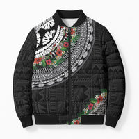 Fiji Hibiscus Bomber Puffer Jacket Tapa Masi Motifs with Tropical Plants