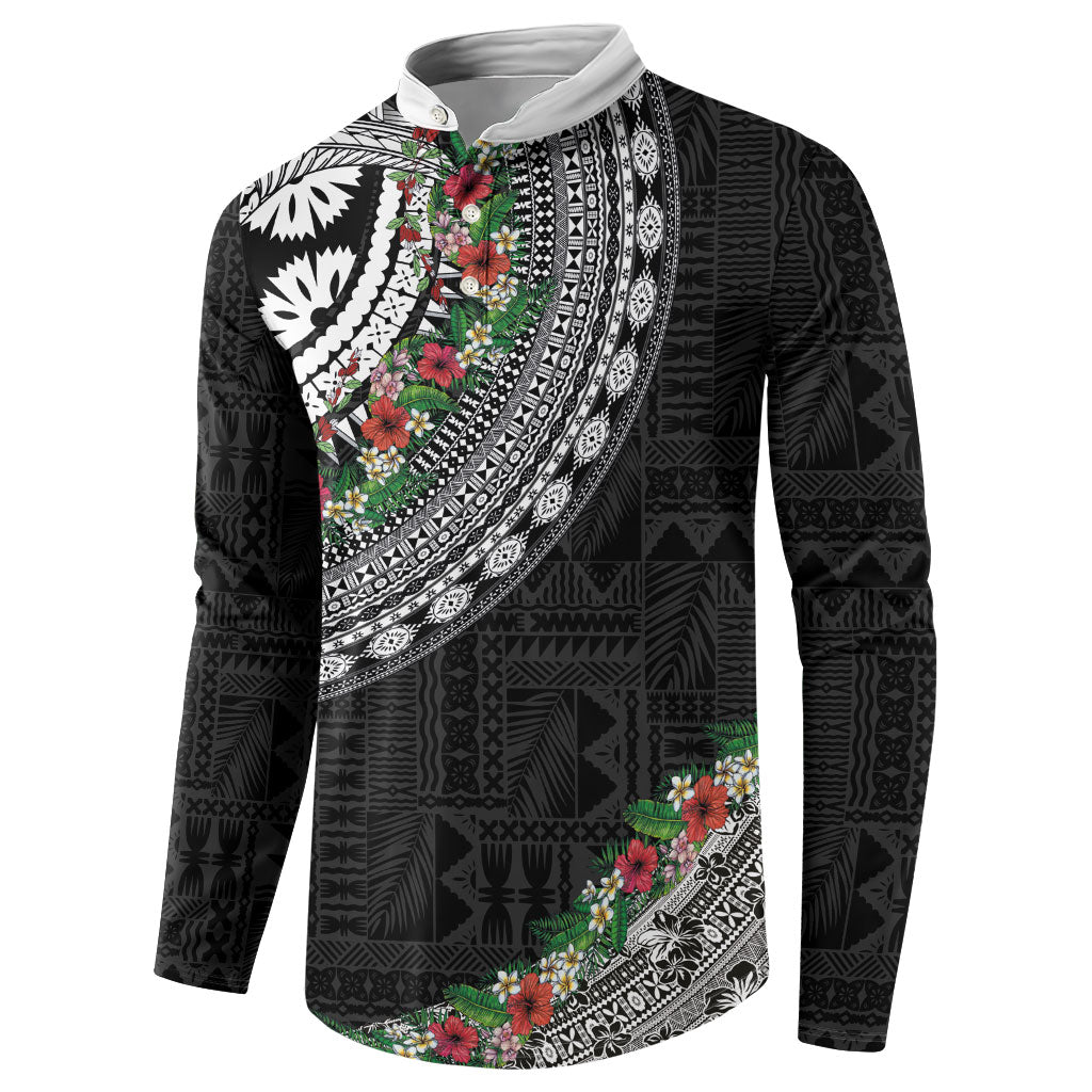 Fiji Hibiscus Button Sweatshirt Tapa Masi Motifs with Tropical Plants