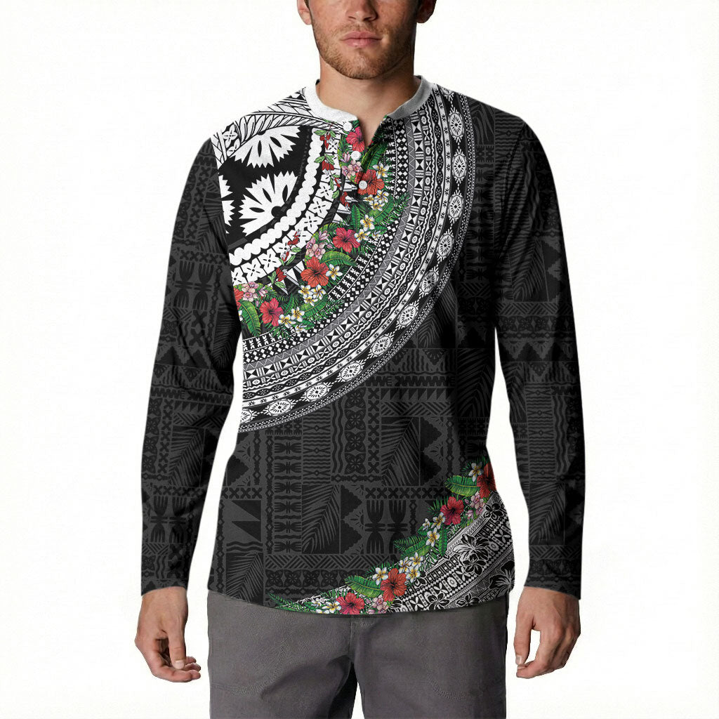 Fiji Hibiscus Button Sweatshirt Tapa Masi Motifs with Tropical Plants