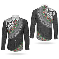 Fiji Hibiscus Couples Matching Long Sleeve Bodycon Dress and Long Sleeve Button Shirt Tapa Masi Motifs with Tropical Plants