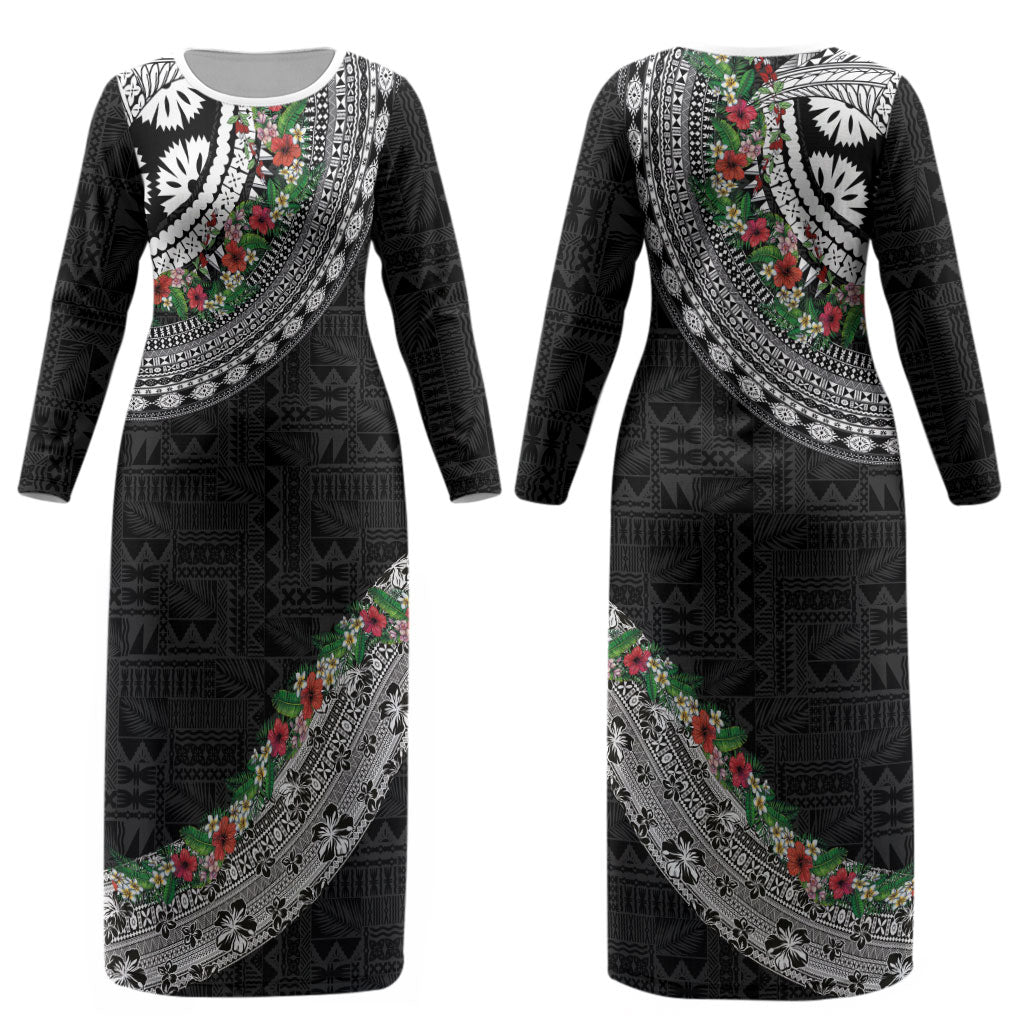 Fiji Hibiscus Couples Matching Long Sleeve Bodycon Dress and Long Sleeve Button Shirt Tapa Masi Motifs with Tropical Plants