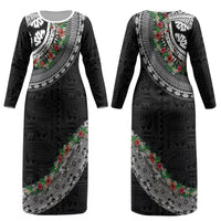Fiji Hibiscus Couples Matching Long Sleeve Bodycon Dress and Long Sleeve Button Shirt Tapa Masi Motifs with Tropical Plants
