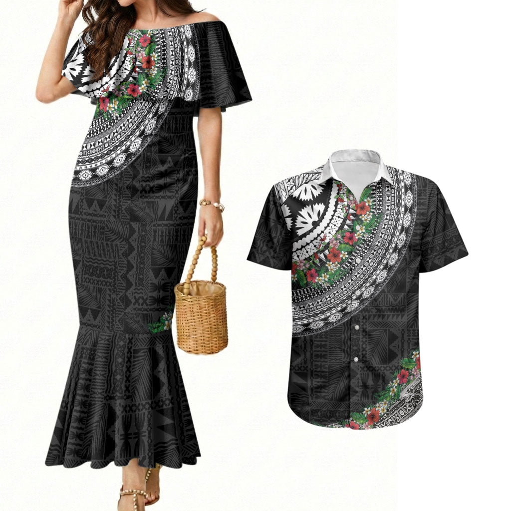 Fiji Hibiscus Couples Matching Mermaid Dress and Hawaiian Shirt Tapa Masi Motifs with Tropical Plants