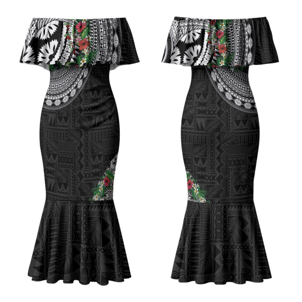 Fiji Hibiscus Couples Matching Mermaid Dress and Hawaiian Shirt Tapa Masi Motifs with Tropical Plants