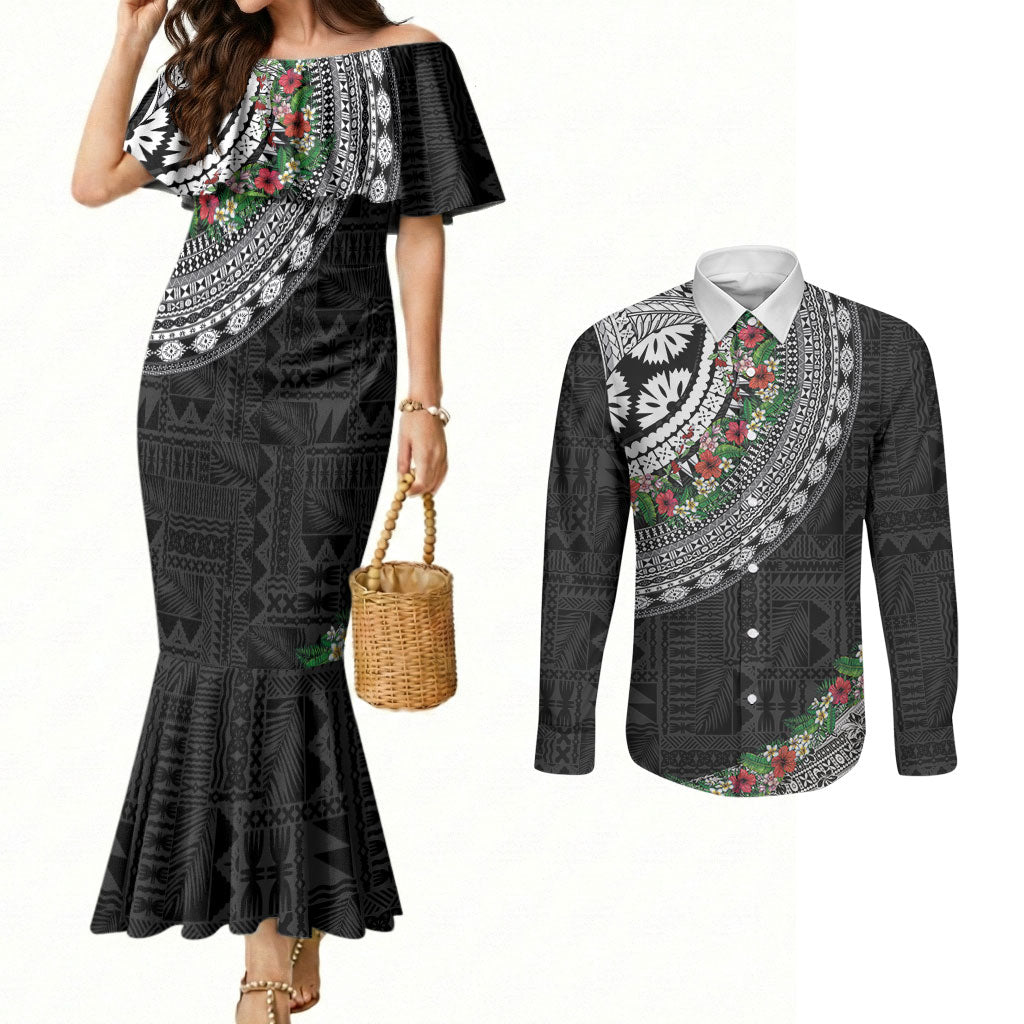 Fiji Hibiscus Couples Matching Mermaid Dress and Long Sleeve Button Shirt Tapa Masi Motifs with Tropical Plants
