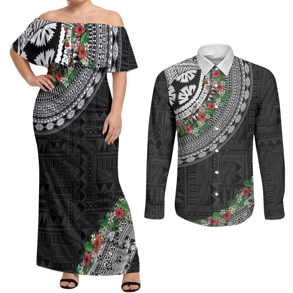 Fiji Hibiscus Couples Matching Off Shoulder Maxi Dress and Long Sleeve Button Shirt Tapa Masi Motifs with Tropical Plants