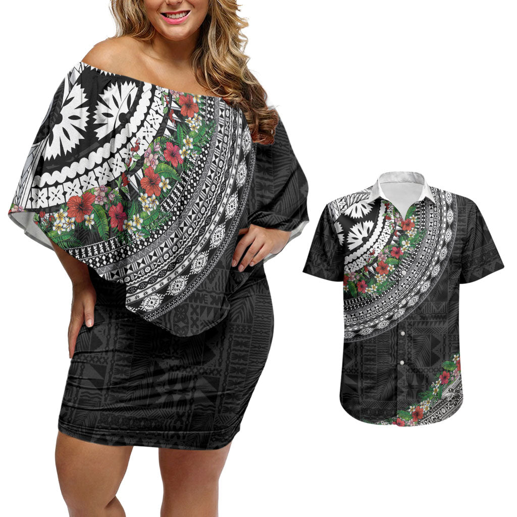 Fiji Hibiscus Couples Matching Off Shoulder Short Dress and Hawaiian Shirt Tapa Masi Motifs with Tropical Plants