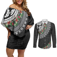 Fiji Hibiscus Couples Matching Off Shoulder Short Dress and Long Sleeve Button Shirt Tapa Masi Motifs with Tropical Plants