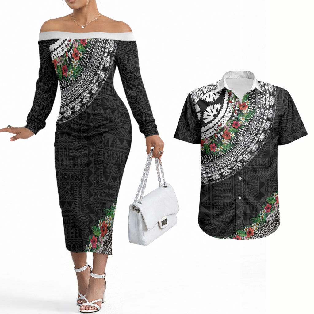 Fiji Hibiscus Couples Matching Off The Shoulder Long Sleeve Dress and Hawaiian Shirt Tapa Masi Motifs with Tropical Plants