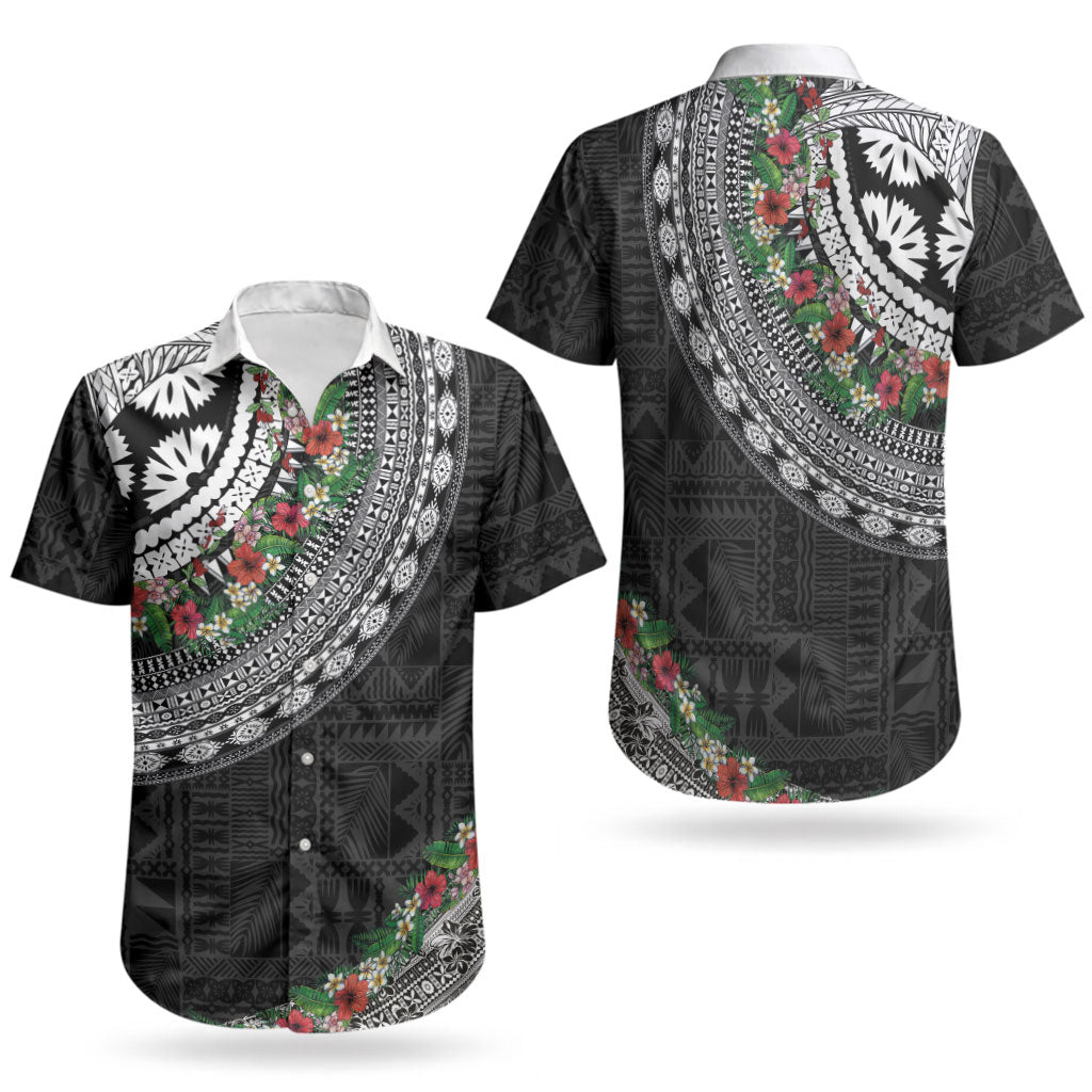 Fiji Hibiscus Couples Matching Off The Shoulder Long Sleeve Dress and Hawaiian Shirt Tapa Masi Motifs with Tropical Plants