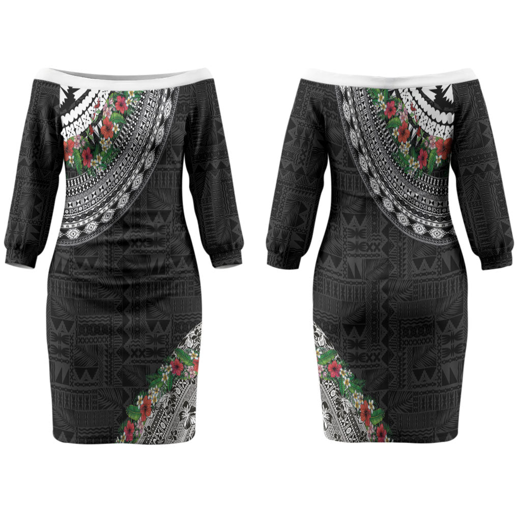 Fiji Hibiscus Couples Matching Off The Shoulder Long Sleeve Dress and Long Sleeve Button Shirt Tapa Masi Motifs with Tropical Plants