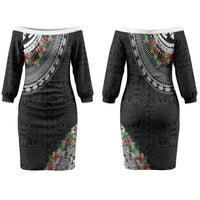 Fiji Hibiscus Couples Matching Off The Shoulder Long Sleeve Dress and Long Sleeve Button Shirt Tapa Masi Motifs with Tropical Plants