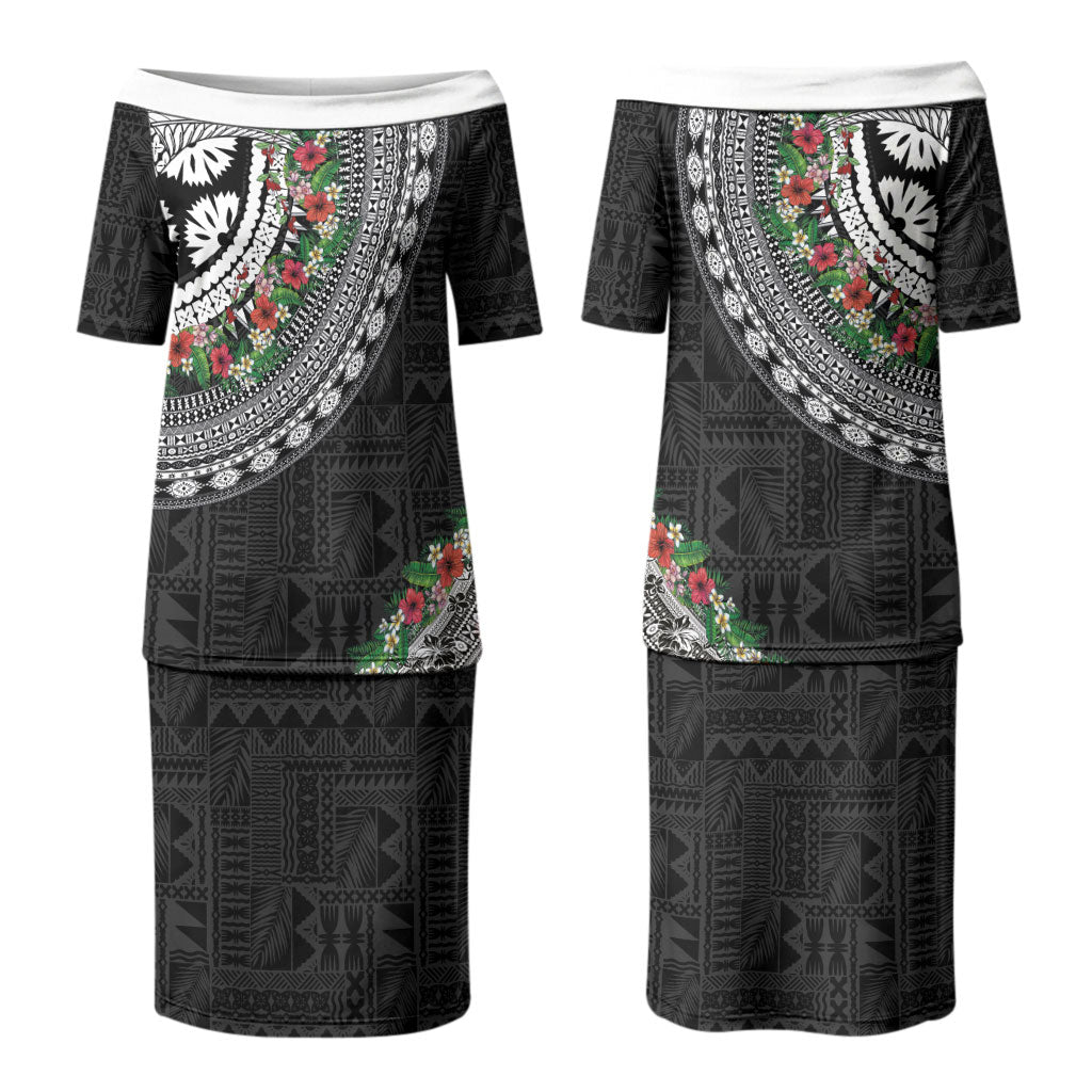 Fiji Hibiscus Couples Matching Puletasi and Hawaiian Shirt Tapa Masi Motifs with Tropical Plants