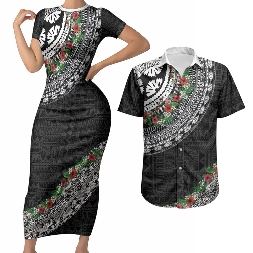 Fiji Hibiscus Couples Matching Short Sleeve Bodycon Dress and Hawaiian Shirt Tapa Masi Motifs with Tropical Plants
