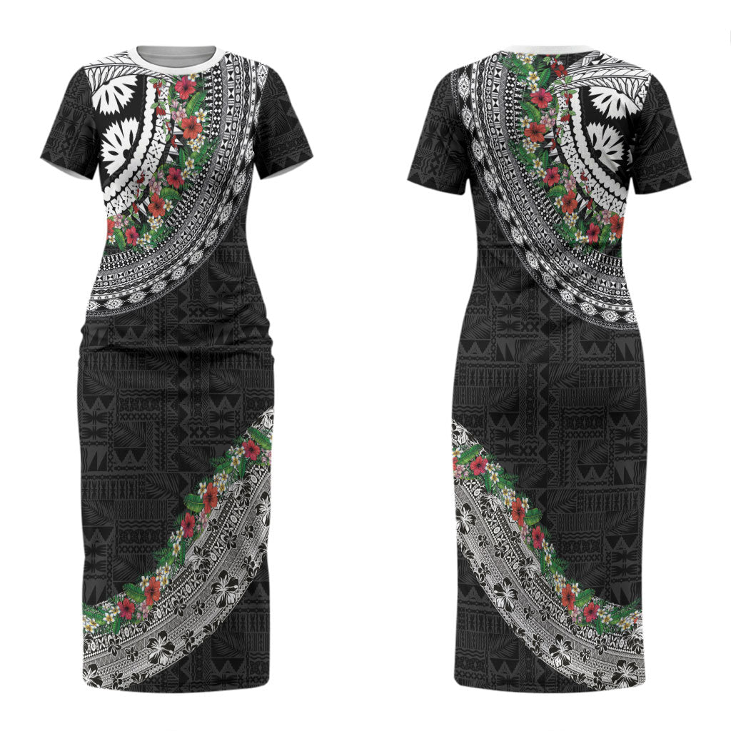 Fiji Hibiscus Couples Matching Short Sleeve Bodycon Dress and Hawaiian Shirt Tapa Masi Motifs with Tropical Plants