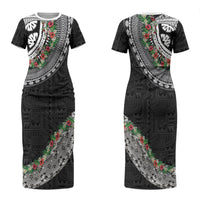 Fiji Hibiscus Couples Matching Short Sleeve Bodycon Dress and Hawaiian Shirt Tapa Masi Motifs with Tropical Plants