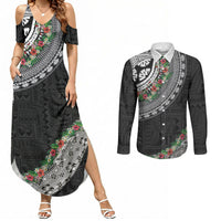 Fiji Hibiscus Couples Matching Summer Maxi Dress and Long Sleeve Button Shirt Tapa Masi Motifs with Tropical Plants