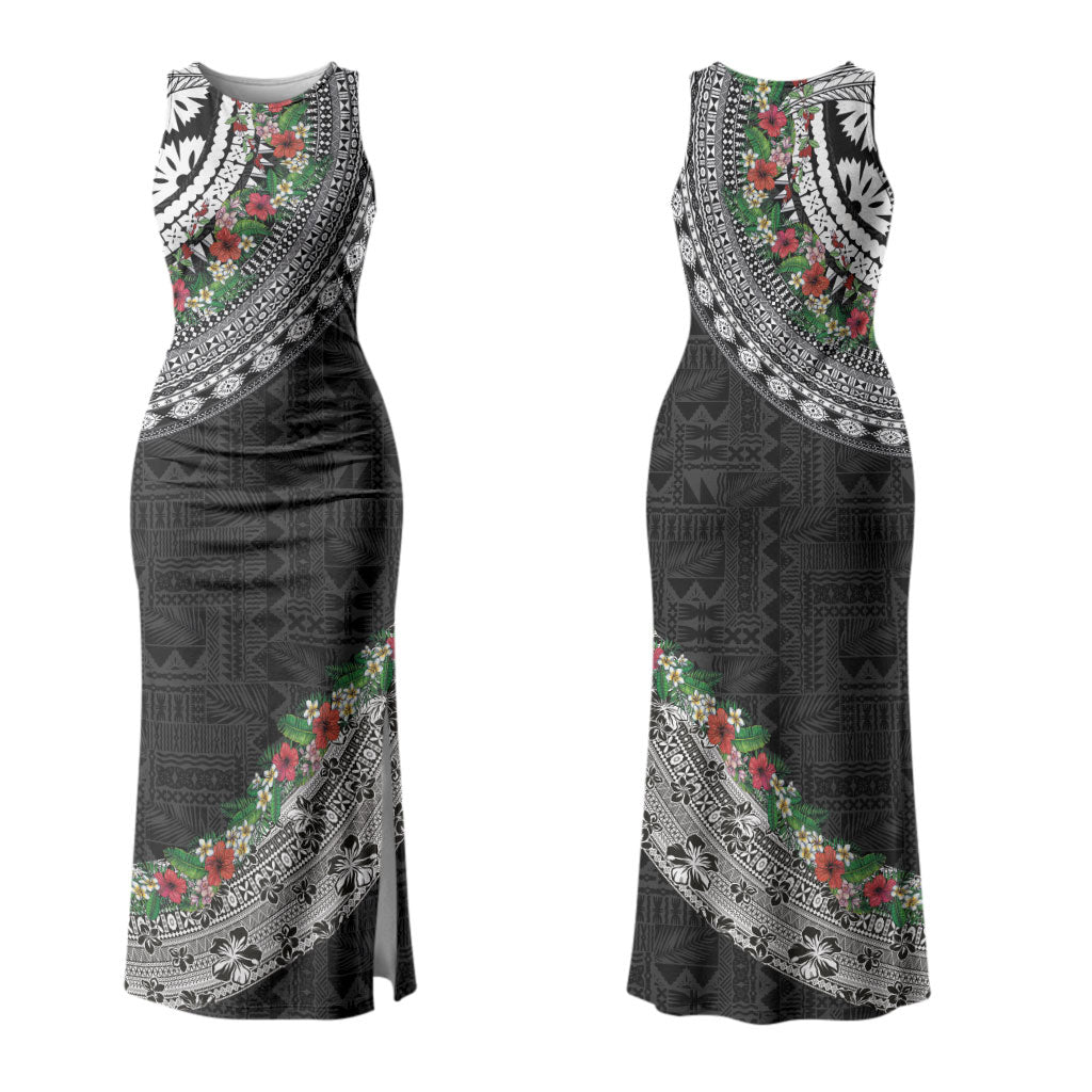 Fiji Hibiscus Couples Matching Tank Maxi Dress and Hawaiian Shirt Tapa Masi Motifs with Tropical Plants