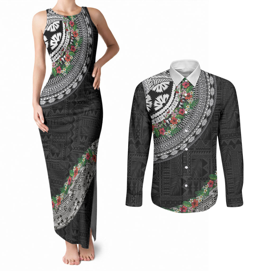 Fiji Hibiscus Couples Matching Tank Maxi Dress and Long Sleeve Button Shirt Tapa Masi Motifs with Tropical Plants