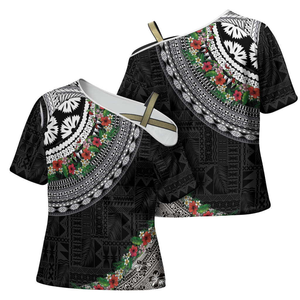 Fiji Hibiscus Cross Shoulder Shirt Tapa Masi Motifs with Tropical Plants