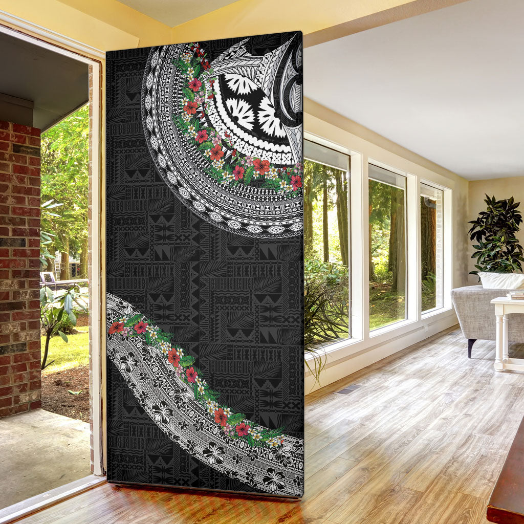Fiji Hibiscus Door Cover Tapa Masi Motifs with Tropical Plants